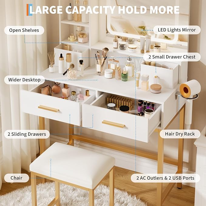 Garvee Vanity Desk, Makeup Vanity Desk with Mirror and Lights 3 Colors, Dressing Table with Chair, Makeup Table Set with 4 Drawers, Power Outlet & Storage Shelves, for Bedroom (White)