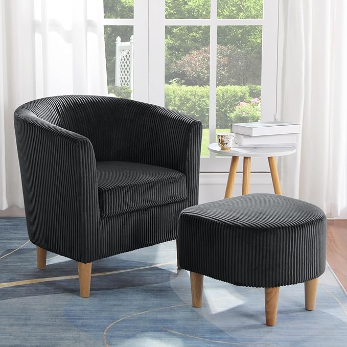 DAZONE Accent Chair, Barrel Chair with Ottoman Comfy Armchair Corduroy Living Room Chairs Mid Century Modern Chair Upholstered Club Tub Sofa Chair for Bedroom Reading Room Charcoal