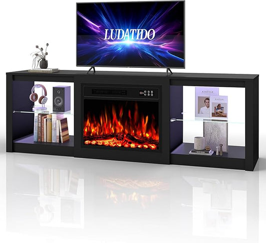 Ludatido 70 Inch Fireplace TV Stand with 23" Fireplace Insert, Entertainment Center with 14-Color LED Lights, Open Storage, Adjustable Glass Shelves, Black TV Stand for Living Room Fits up to 80" TVs