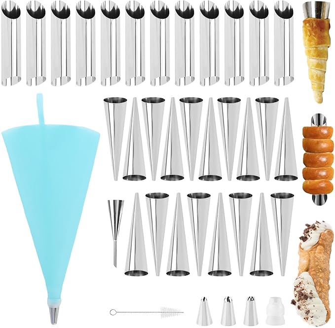 35pcs Cream Horn Kits for Baking, Cannoli Forms Tubes Kit, Stainless Steel 16pcs Cone Shaped and 12pcs Tubular Shaped Baking Pan for Danish Pastry, Cream Roll, Croissant