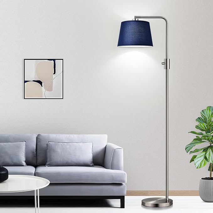 Dimmable Floor Lamp, 1000 Lumens LED Edison Bulb Included, Brushed Nickel Arc Standing Tall Floor Lamp with Blue Shade for Living Room Bedroom Office Dining Room