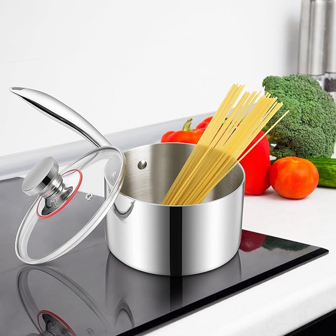 LIANYU 1QT Saucepan, Tri-Ply 18/10 Stainless Steel Sauce Pan with Lid, 1 Quart Cooking Pot for Pasta Soup, Small Induction Cookware with Ergonomic Handle, Heavy Duty, Dishwasher Safe