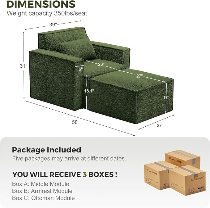 ELUCHANG Oversized Accent Chair with Ottoman,Modern Boucle Sofa Chair with Strong Wood Frame,High Supportive & Soft Sponges Comfy Upholstered Armchair Reading Chairs for Apartment Green