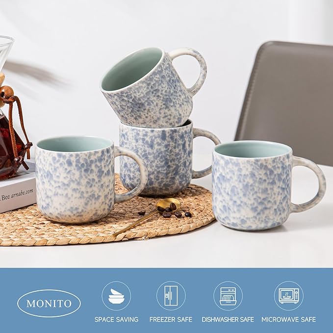 MONITO 12 OZ Coffee Mugs Set of 4, Ceramic Coffee Mugs,Modern Coffee Mugs Set with handle for Tea/Latte/Cappuccino/Milk/Cocoa. (BLUE, 4 Count（Pack of 1)