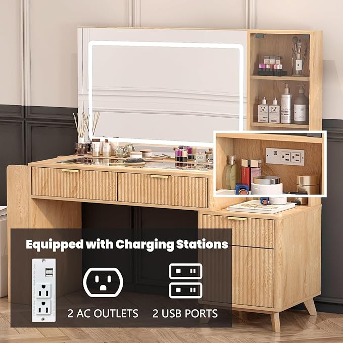 52" Fluted Vanity Desk with Large 34" Mirror and Lights 3 Colors, Big Makeup Vanity Desk with Transparent Top & Power Outlet, Dressing Table with Drawers, Side Cabinet, Dresser for Bedroom (Oak)