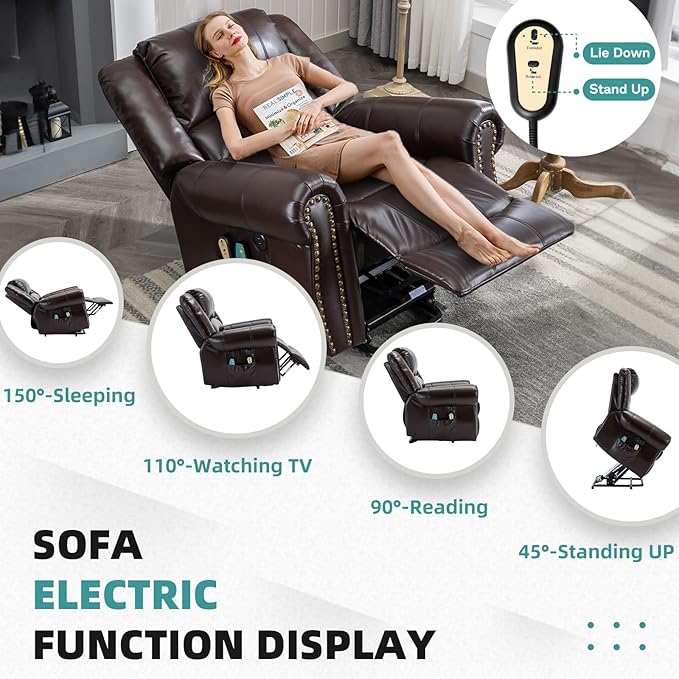 MEETWARM Large Power Lift Electric Recliner Chair with Massage and Heat, Overstuffed Wide Recliner for Elderly, Heavy Duty sofa for Living Room with 2 Remote Control/USB Ports/Side Pockets(Dark Brown)