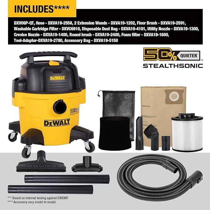 DEWALT 6 Gallon STEALTHSONIC Wet Dry Shop Vac, Powerful Suction & Portable Shop Vacuum with Attachments, Ultra Quiet Heavy Duty Shopvac for Home, Garage, Car, Workshop, Jobsite, DXV06P-QT, 5 Peak HP