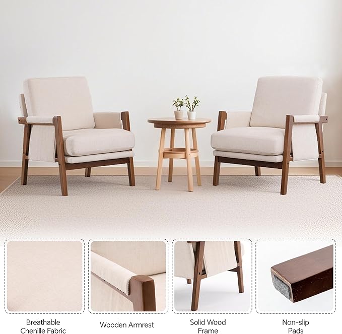 Mid Century Modern Accent Chair with Wood Frame, Upholstered Living Room Chairs with Wide Armrest, Chenille Fabric Comfy Arm Chair for Bedroom, Reading Room, Balcony, Beige