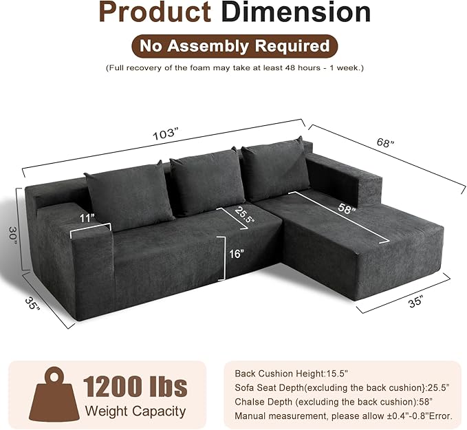 103" Cloud Sectional Sofa, Boneless L-Shape Couch with Chaise, Modern Minimalist Modular Couch for Living Room, Free Combination, Deep Seat, No Assembly Required, Dark Grey, R