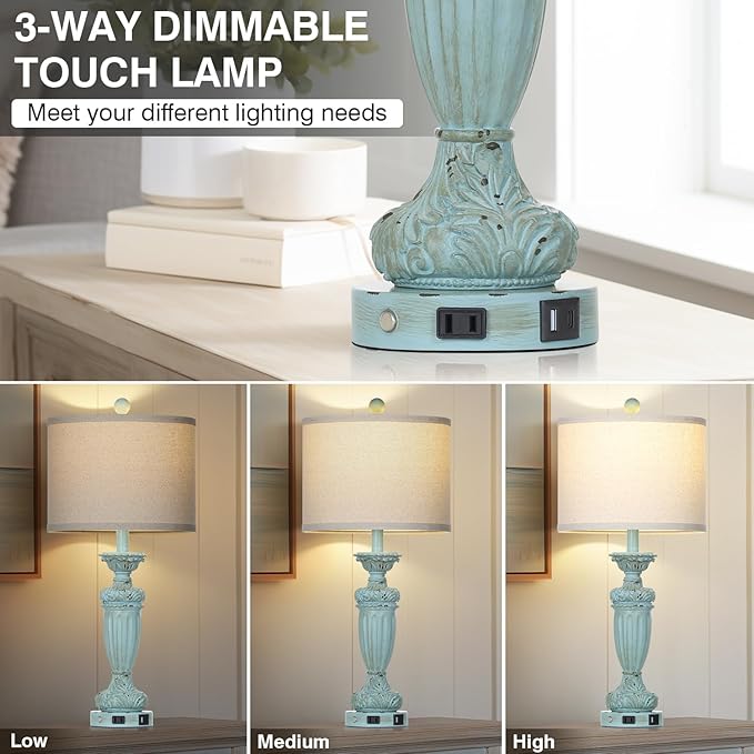 27.5" Farmhouse Resin Table Lamps Set of 2 for Living Room 3-Way Dimmable Table Lamp with USB C+A Ports,Light Blue Desk Lamps,Traditional Bedside Lamps Use for Bedroom Nightstand (Blue)