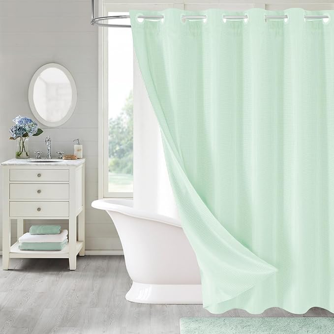 MitoVilla Green Long Shower Curtain 72 x 80, No Hooks Needed 80 inch Long Heavyweight Waffle Fabric Shower Curtain Set with Snap-in Liner for Hotel Grade Spa-Like Bathroom Decor, Mint Green