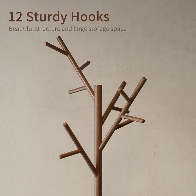 Coat Rack,Solid Wood Coat Rack Freestanding with 12 Hooks,Coat tree freestanding 3 Adjustable Heights for coat, Hats, Handbags，Coat Stand for Entryway,Bedroom (Walnut)