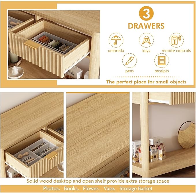 RUSTOWN Fluted Wood Console Table with 3 Drawers, Boho Narrow Behind Couch Entryway Table with Open Storage Shelf, Modern Sofa Table for Living Room, Foyer and Hallway (Natural Wood)