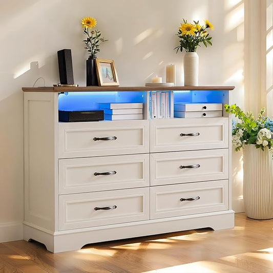 Vintage White Dresser for Bedroom,6 Drawers Dresser with LED Light,Power Outlets and Open Shelves,Chests of Drawers for 65 inch TV, for Hallway, Entryway