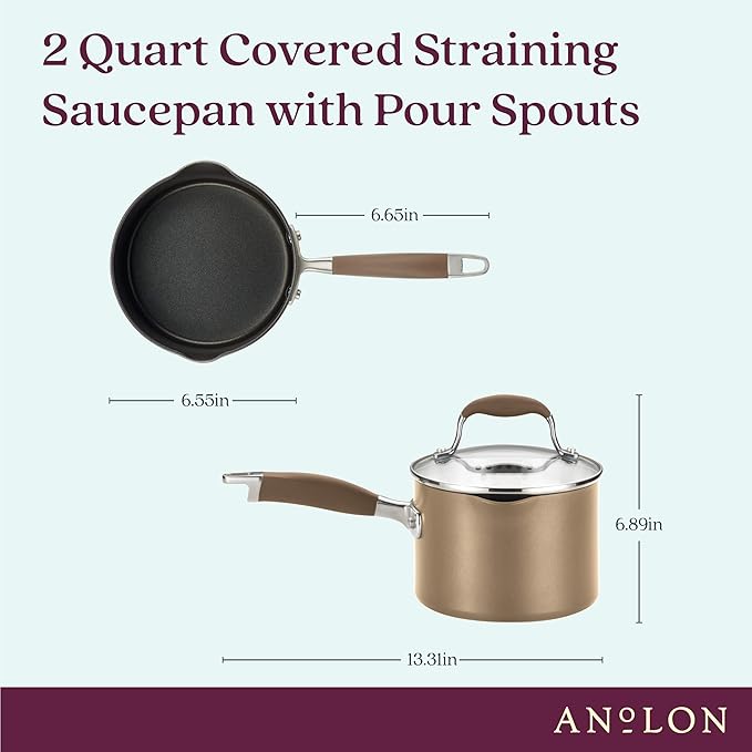 Anolon Advanced Home Hard Anodized Nonstick Sauce Pan/Saucepan with Straining and Lid, 2 Quart (2 Qt Straining Saucepan, Bronze)