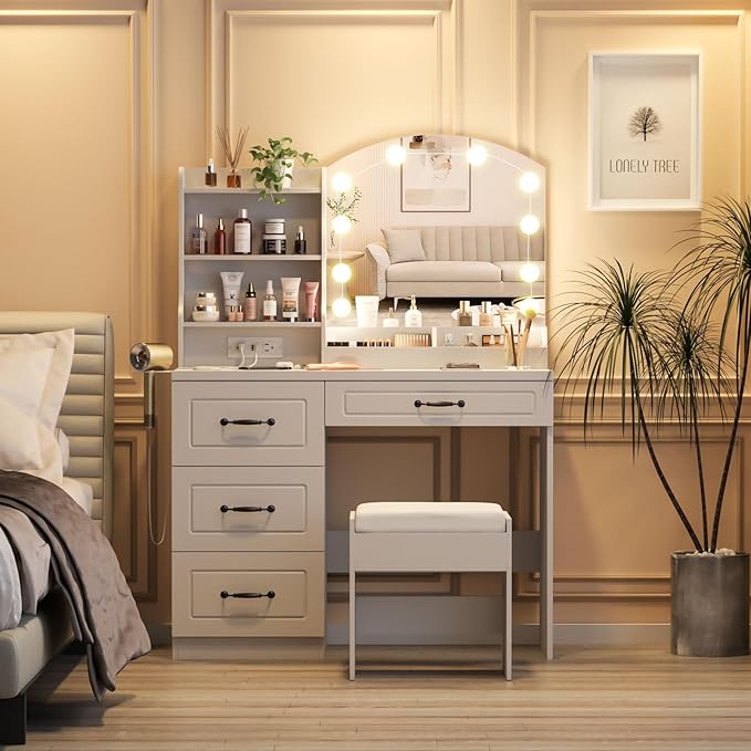 Vabches Makeup Vanity Desk with Lights and Charging Station, White Vanity Set Makeup Table with 4 Drawers Lots Storage, 3 Lighting Colors, Large Size 39.4in(W)