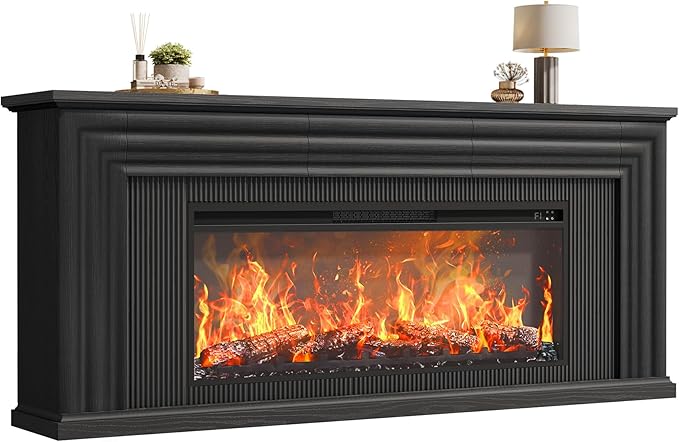 PRAISUN 70'' Fireplace TV Stand with 42'' Electric Fireplace, Farmhouse TV Stand for 65 75 Inch TV, Entertainment Center TV Console with 3 Drawers, Fluted Design, for Living Room, Black