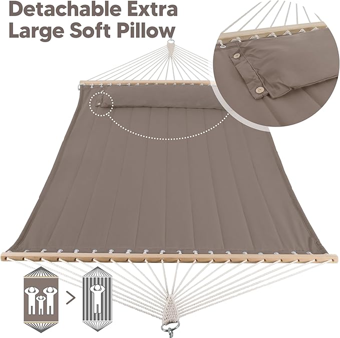 SUNCREAT Double Quilted Hammock with Hardwood Spreader Bar, Extra Large Soft Pillow, Heavy Duty 2 Person Hammock for Indoor, Outdoor, Brown