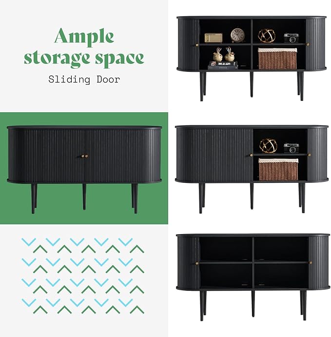 AMERLIFE 55" TV Stand with Solid Wood Legs, Mid Century Modern TV Console with Tambour Door for 80-inch TV, Dust-Proof Storage Cabinet for Living Room, Embossed Black