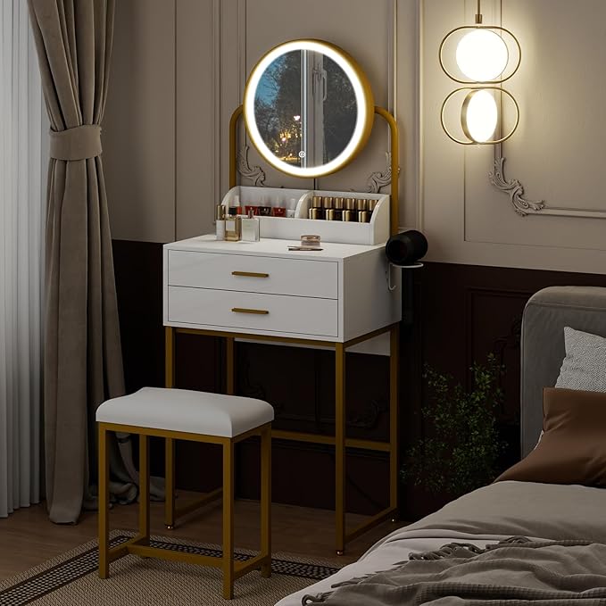 ARTETHYS Small Vanity Desk with Mirror and Lights White Compact Makeup Vanity with Chair Modern Space-Saving Dressing Table with Drawer for Small Bedroom, Apartment