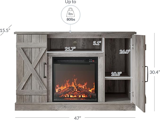 BELLEZE 47" TV Stand with 18" Electric Fireplace Heater & Media Entertainment Center Console Table for TV up to 50" with Open Storage Shelves & Cabinets - Veropeso (Grey Wash)