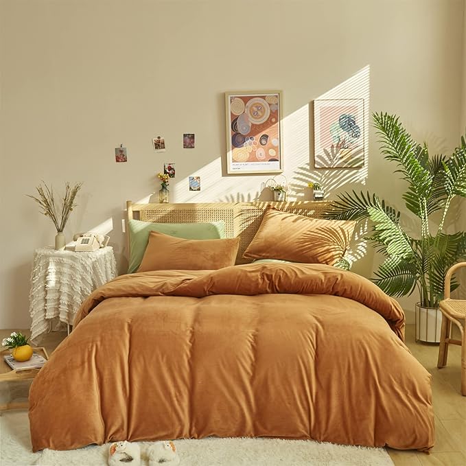 Cottonight Pumpkin Velvet Comforter Set Full Terracotta Flannel Bedding Plush Burnt Orange Blanket Quilts Soft Thick Warm Rust Orange Comforter Set for Adults Teens Full Bed