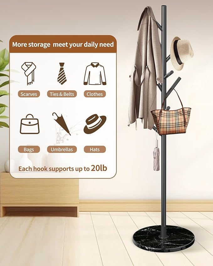 Metal Coat Rack with Natural Marble Base,Modern Coat Rack Stand with 8 Hooks,Sturdy Freestanging Coat Racks for Entryway,Office,Black Coat Jacket Hanger Tree Stand Coats, Scarves