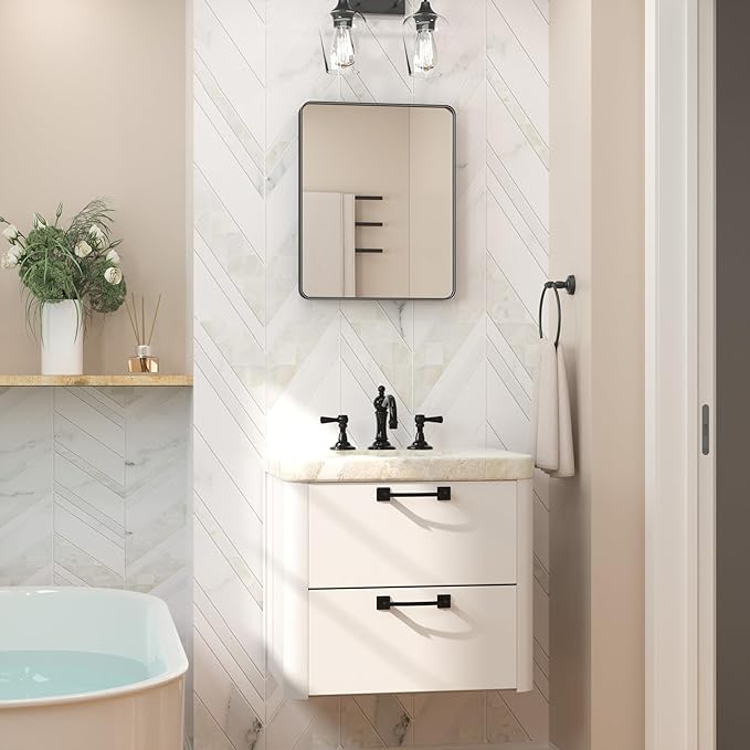 Keonjinn Black Bathroom Mirror for Over Sink, 16 x 20 Inch Rounded Rectangle Bathroom Vanity Mirror, Matte Black Farmhouse Mirror for Wall, HD Tempered Glass, Seamless Aluminum Alloy Frame Mirror