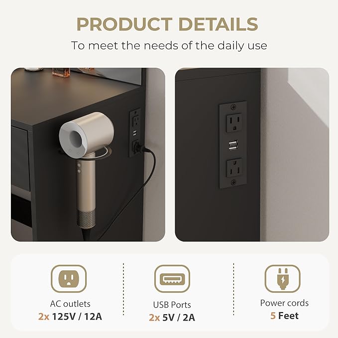 Vanity Desk with Mirror and Lights, 3 Adjustable Lighting Makeup Vanity Desk with 3 Storage Shelves, 5 Large Drawers and Power Outlet, Black Vanity with Chair for Bedroom