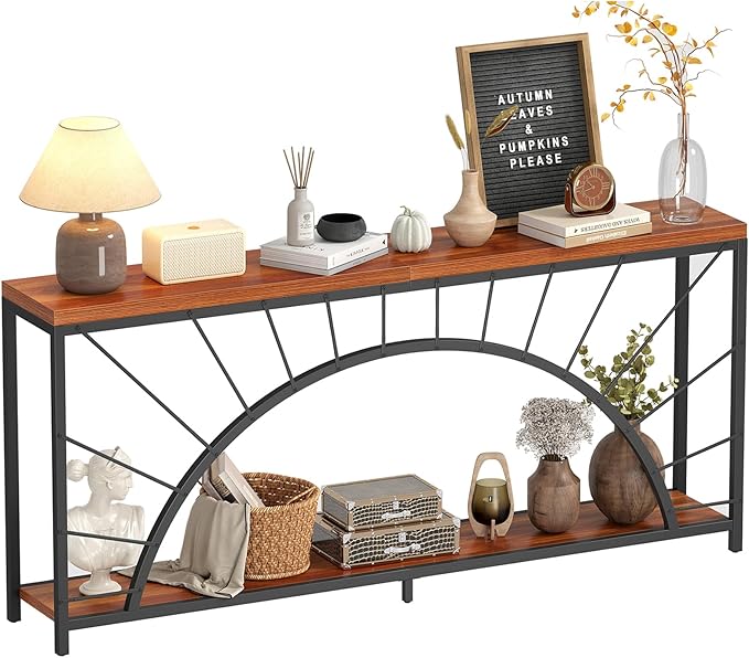 70.9 Inch Console Table, Extra Long Industrial Sofa Tables, 2-Tier Behind Couch Table, Foyer Tables for Entryway, Hallway, Living Room, Unique Design, Brown
