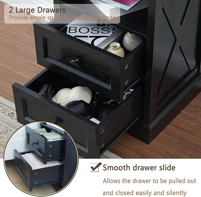 Farmhouse 2 Drawers Dresser for Bedroom, Rustic Small Chest of Drawers with Charging Station, Wood End Table with Open Shelf, Black Modern Nightstand for Bedroom, Living Room, Entryway