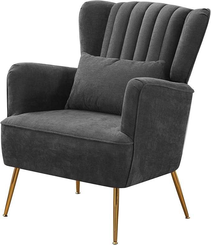 Living Room Chairs Chenille Accent Armchair with Lumbar Pillow&Gold Leg, 8.5" Thick Cushion, Mid Century Modern High Wingback Bedroom Chairs Upholstered Comfy Sofa Arm Chair, Grey