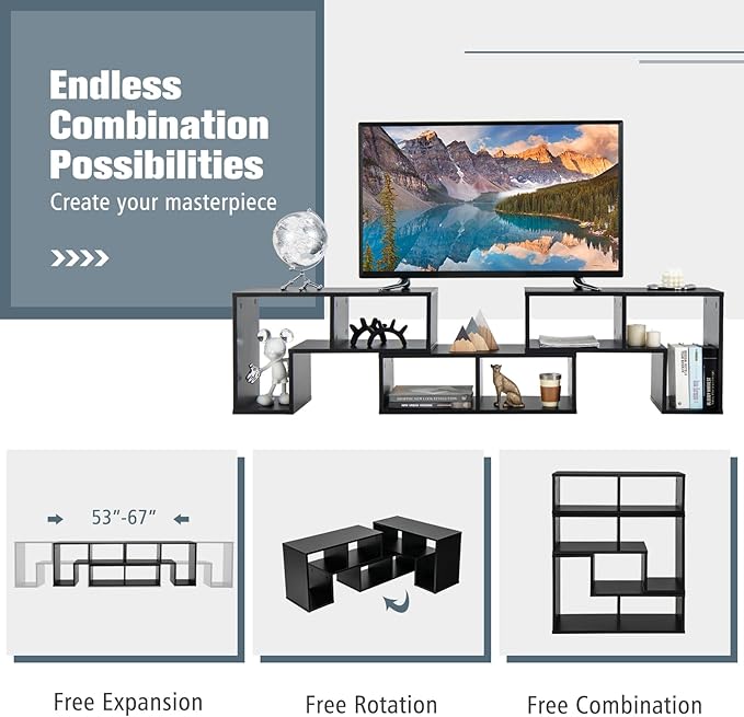 GOFLAME 3 Pieces TV Console Stand, Modern Entertainment Center for 50 55 60 65 Inch Flat Screen TV, Free Combination Bookcase for Storage & Display, Suitable for Living Room, Bedroom (Black)