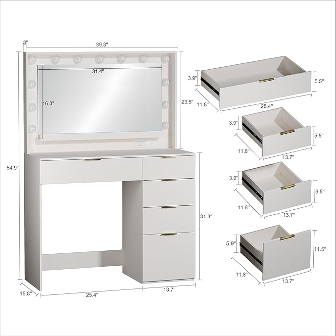 Makeup Vanity Desk with Large Mirror and 13 LED Lights, 39.3in Vanity Table with Power Outlet & 5 Drawers, 3 Lighting Color Adjustable, Vanity Desk for Bedroom and Dressing Room, White