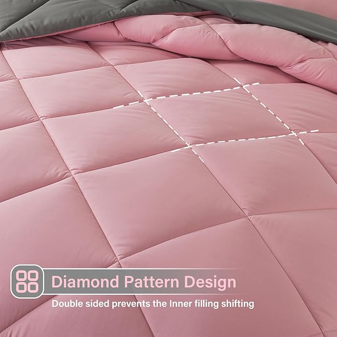 Cosybay Bed in a Bag King Comforter Sets 7pcs All Season Solid Down Alternative Bedding Sets Pink and Grey with Comforter, Pillow Shams, Flat Sheet, Fitted Sheet and Pillowcases