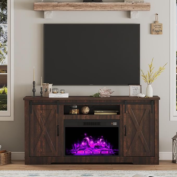 AMERLIFE Fireplace TV Stand with Sliding Barn Door for TVs up to 73", Farmhouse 63" Fireplace Entertainment Center with Storage Cabinets/Adjustable Shelves, Reclaimed Barnwood