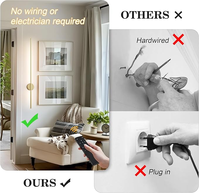 Battery Operated Modern Wall Sconces,Dimmable Wireless Wall Light Set of Two with Remote Control,3 Color Temperatures,Rechargeable LED Wall Sconce for Bedroom,Living Room,Hallway,39.3 Inch, Gold