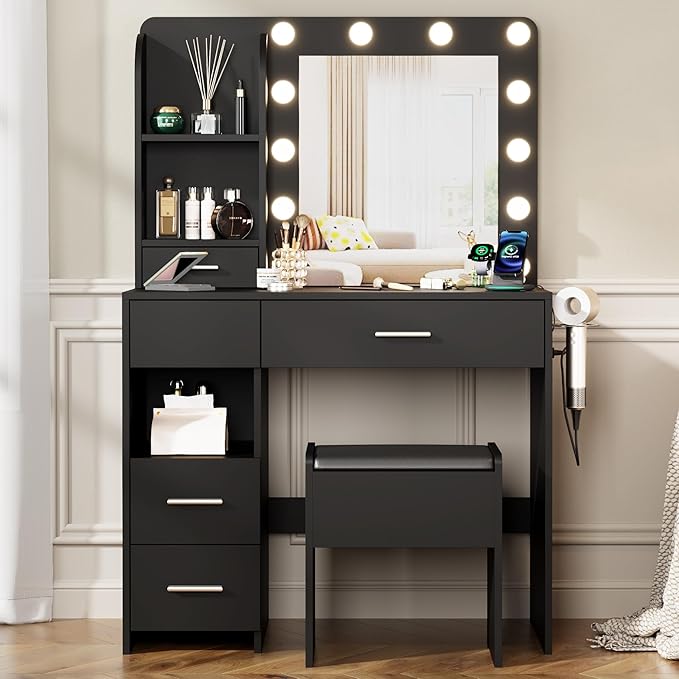 Vanity Desk with Mirror and Lights, 3 Adjustable Lighting Makeup Vanity Desk with 3 Storage Shelves, 5 Large Drawers and Power Outlet, Vanity with Chair for Bedroom, Black
