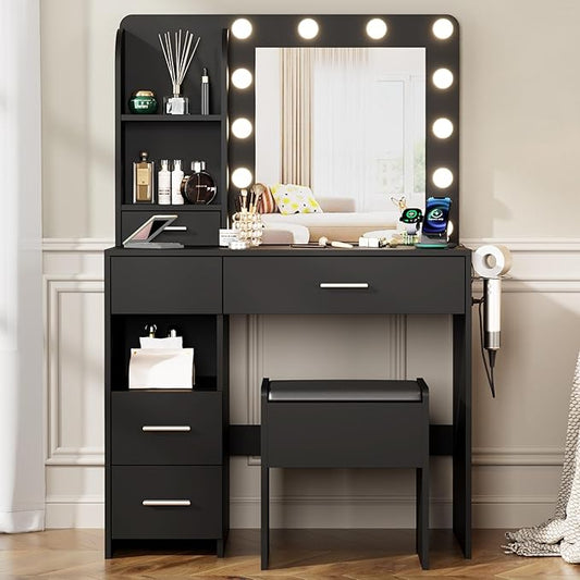Vanity Desk with Mirror and Lights, 3 Adjustable Lighting Makeup Vanity Desk with 3 Storage Shelves, 5 Large Drawers and Power Outlet, Vanity with Chair for Bedroom, Black