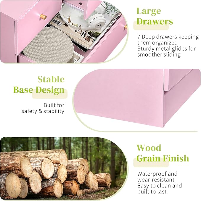 Karl home Pink 7 Drawer Dresser for Bedroom, Tall Dresser Chest of Drawers, Rustic Wood Bedroom Dressers Clothes Organizer, Anti-Tipping Device, Rose Gold Metal Handle, Living Room, Entryway, Office