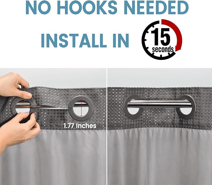 Charcoal Grey Stall No Hook Shower Curtain with Snap in Liner,230GSM Waffle Weave Shower Curtains for Bathroom,54W x 80H