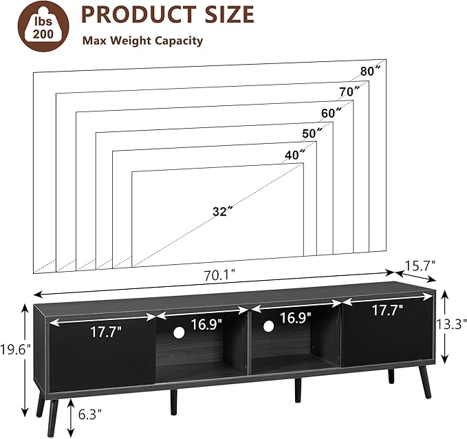 Clikuutory Mid Century Modern 70 Inch TV Stand with Two Large Storage Space for 50 55 60 65 70 75 80 Inch TVs, TV Console with Two Sliding Door, Entertainment Center for Bedroom, Grey