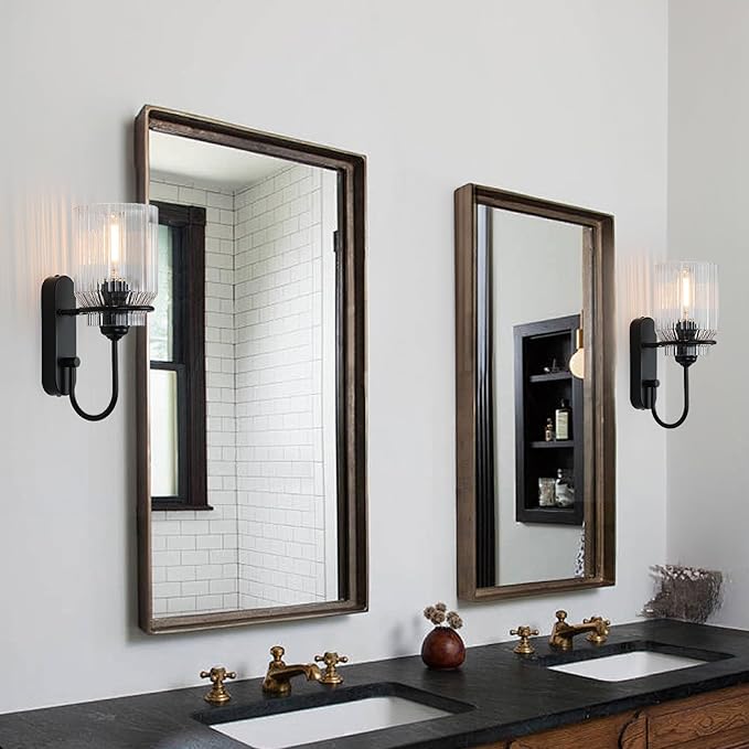 Wall Sconce Set of Two, Bathroom Modern Black Vanity Light Fixture with Clear Glass Shade Indoor Wall Light for Living Room, Bedroom, Hallway, Mirror and Kitchen