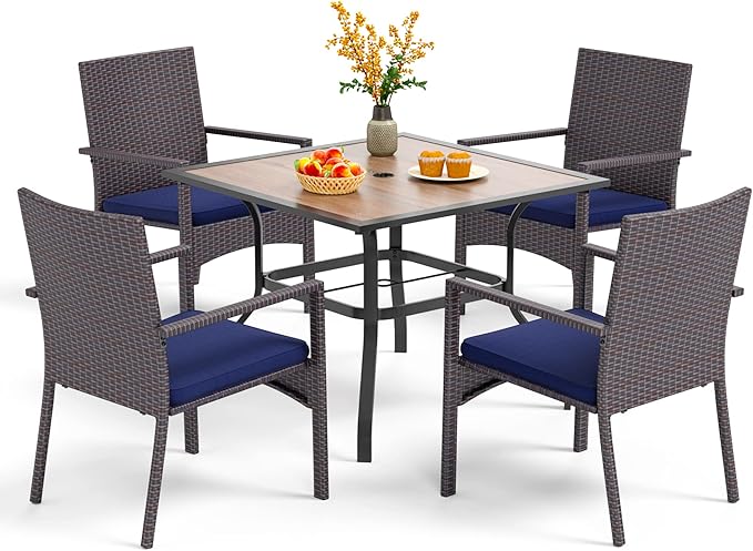 PHI VILLA 5 Piece Outdoor Dining Table Set for 4, 37" Wood Top Metal Dining Table with Umbrella Hole & 4 Cushioned Rattan Chairs for Patio, Deck, Porch, Yard