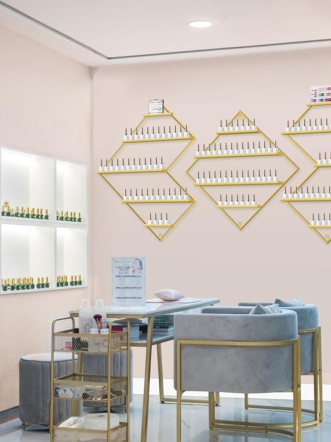 EBANKU Metal Wall Mounted Nail Polish Storage Racks, Gold Display Rack Cosmetic Display Case Lipstick Wall Shelf Essential Oil Organizer for Nail Polish Bottles Spa Nail Salon (Irregular Rhomboid)