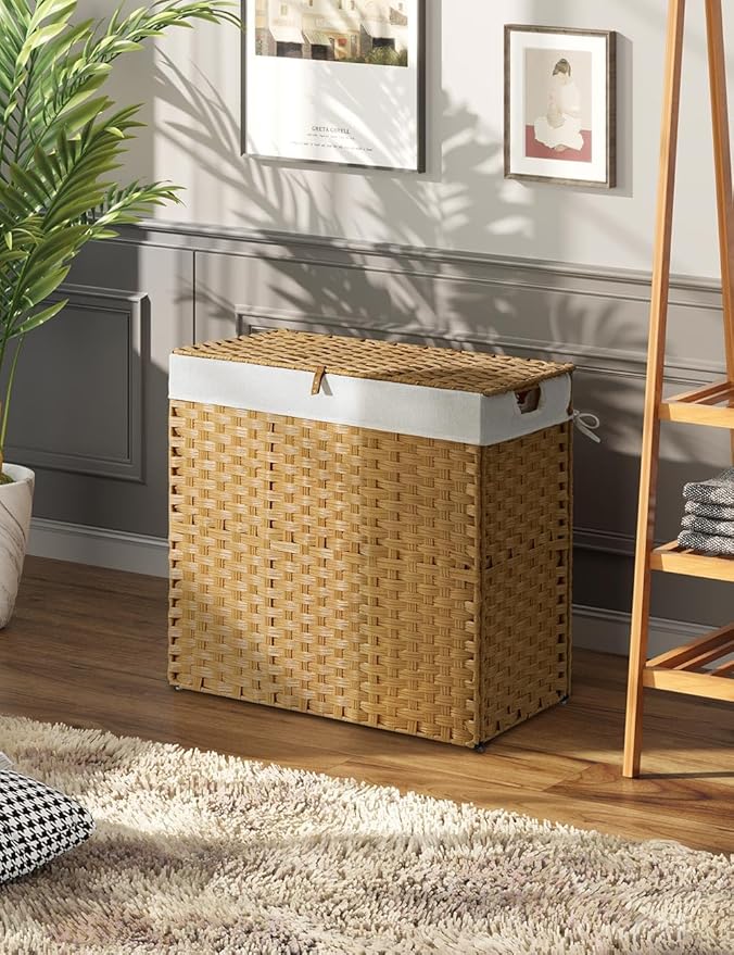 Greenstell Laundry Hamper with lid, No Install Needed, 130L Wicker Laundry Baskets Foldable 2 Removable Liner Bags, 2 Section Clothes Hamper Handwoven Rattan Laundry Basket with Handles, Natural