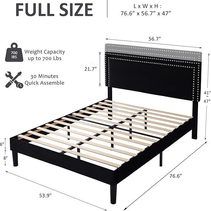 VECELO Full Size Bed Frame with Adjustable Upholstered Headboard, Wooden Slats Platform, Noise-Free Design, Easy Assembly