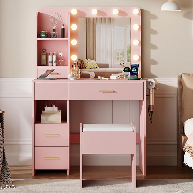 Vanity Desk with Mirror and Lights, 3 Adjustable Lighting Makeup Vanity Desk with 3 Storage Shelves, 5 Large Drawers and Power Outlet, Vanity with Chair for Bedroom, Pink