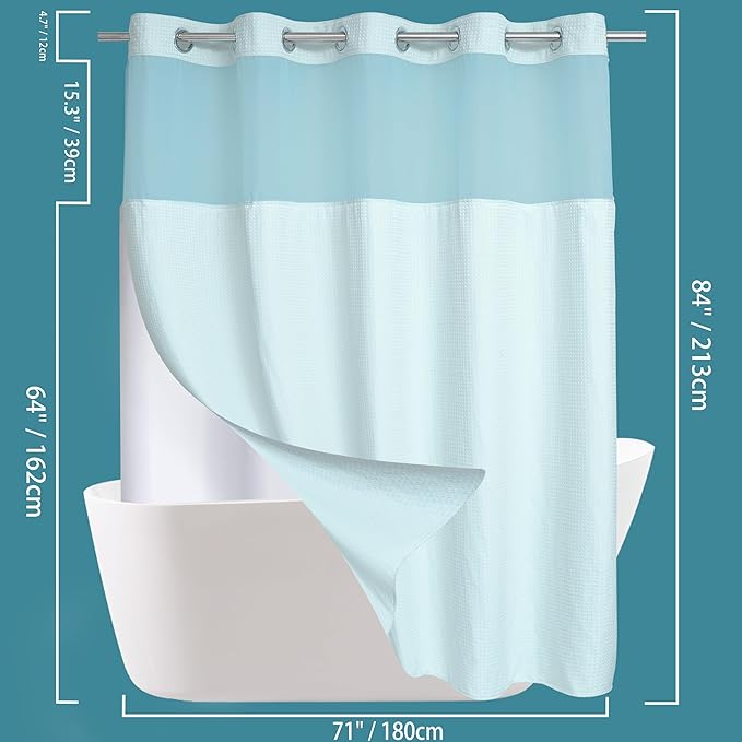 Extra Long No Hook Waffle Weave Shower Curtain with Snap in Liner Set, Hotel Luxury Blue Shower Curtains for Bathroom with See Through Top Window, Waterproof, Washable 71W x 84H
