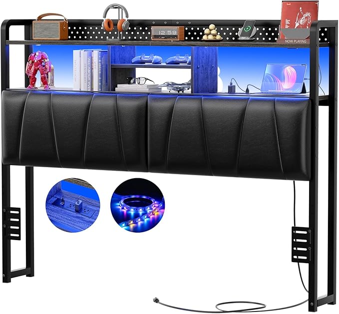 Unikito Headboard for Queen Size Bed Frame, Upholstered Head Board with Outlets, USB Ports and LED Light, Comfortable Leather Headboards with Storage Shelf, Sturdy Queen Bed Headboard Only, Black Oak